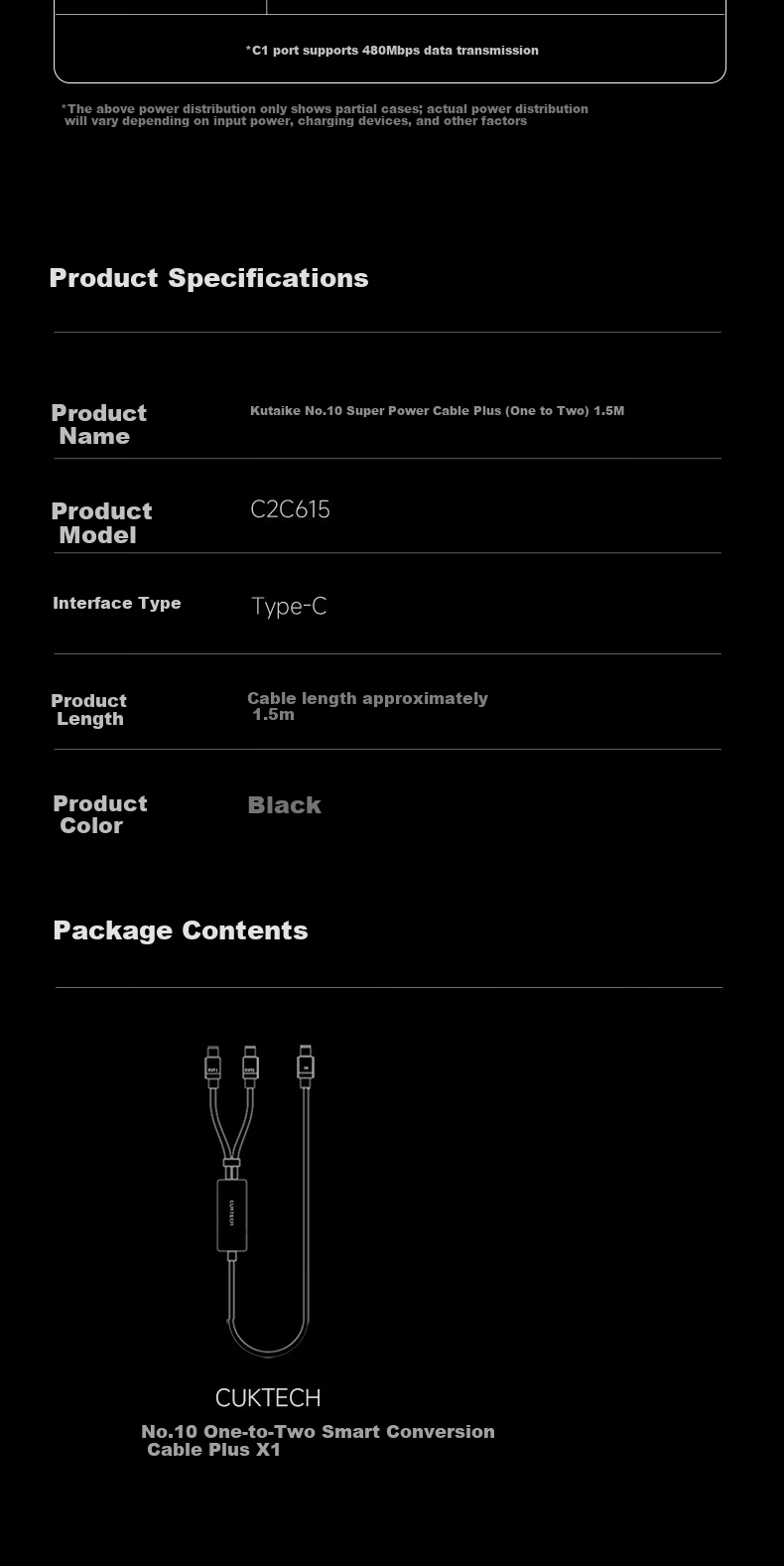 CUKTECH CoolState No.10 1-to-2 Smart Switch Plus Data Cable 2-in-1 Type-C Charging Cable 140W Fast Charge CTO2C for Apple Xiaomi Phones Tablets Laptops 12