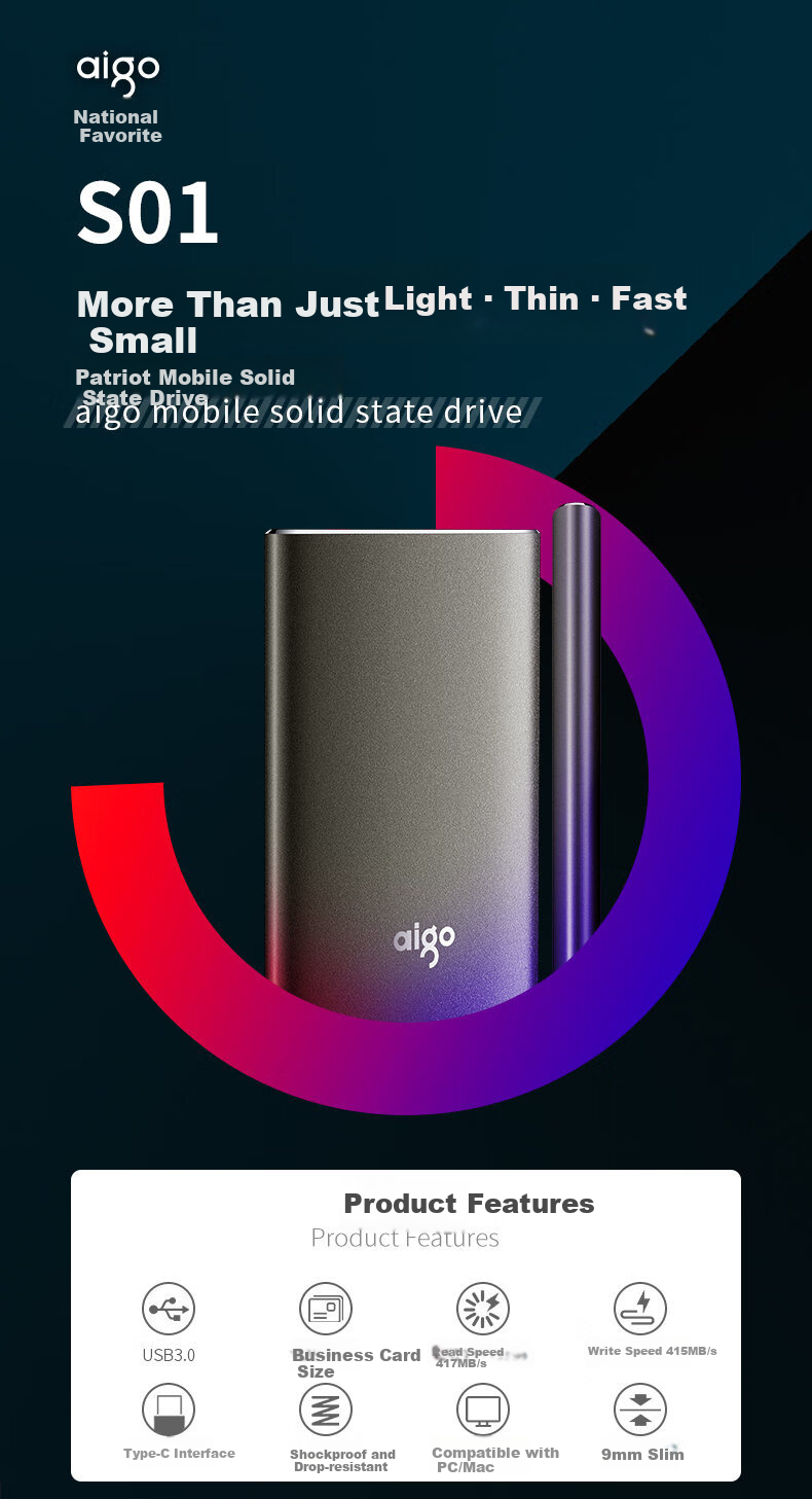 Aigo 2TB Portable Solid State Drive (PSSD), S10, Type-C USB3.2, Read And Write Speeds Equal at 1000MB/s, Compact And Portable, Direct Phone Connection, External for Computers And Laptops 1
