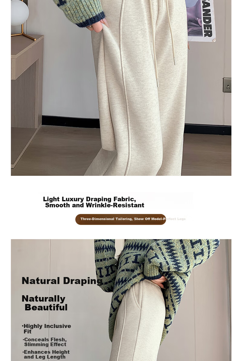 Free Style Wide-Leg Pants for Women Autumn Winter Fleece Lined New High Waist Slimming Loose Draped Banana Straight Narrow Wool Casual Trousers 7