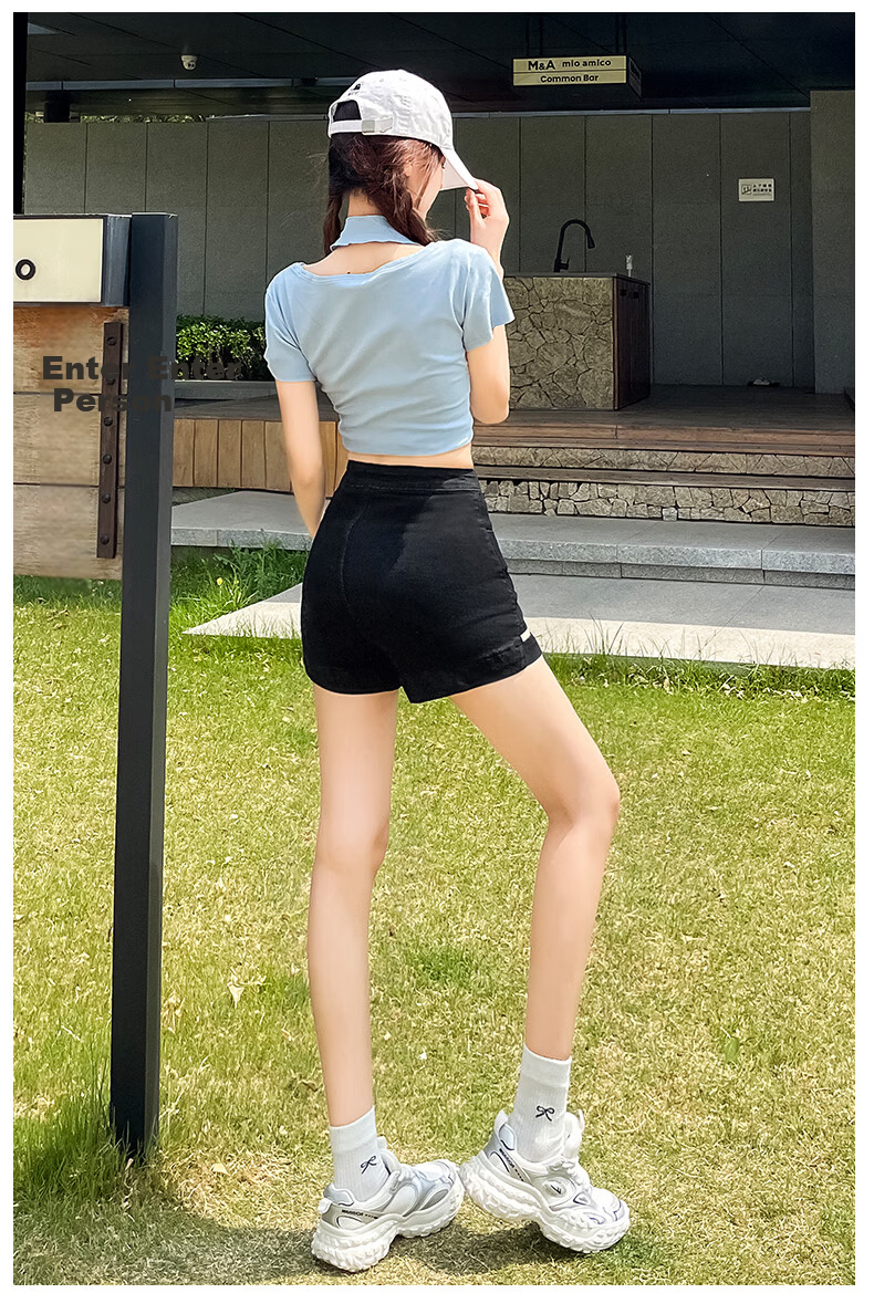 Jeanswest Women's Denim Shorts 2026 Spring Summer High Waist A-Line Slim Functional Style Hot Pants Black M 18