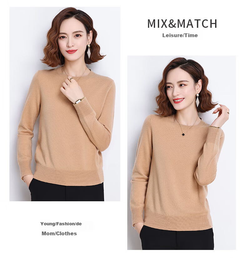 Hengyuanxiang 100% Pure Wool Women's Sweater Autumn Winter Crew Neck Casual Elegant Knit Warm Base Shirt Top 10