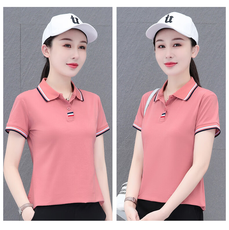 Woodpecker Women's Polo Shirt Short Sleeve T-Shirt Summer New Pure Cotton Regular Shoulder Turn-down Collar Casual Plus Size Slim Fit Top Gray M 24