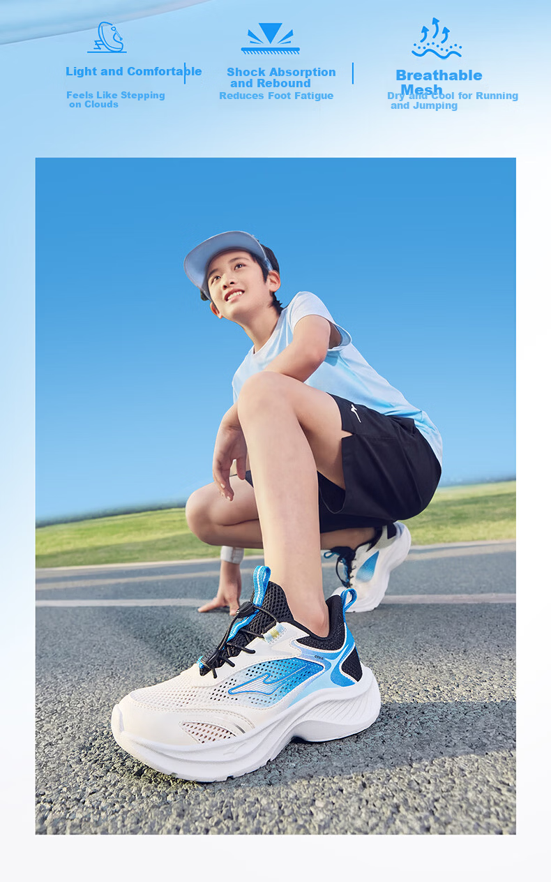 ERKE Kids Sports Shoes Boys and Girls Children's Lightweight Running Shoes with Drawstring Microcrystalline White/Sea Wave Blue/True Black Size 39 2