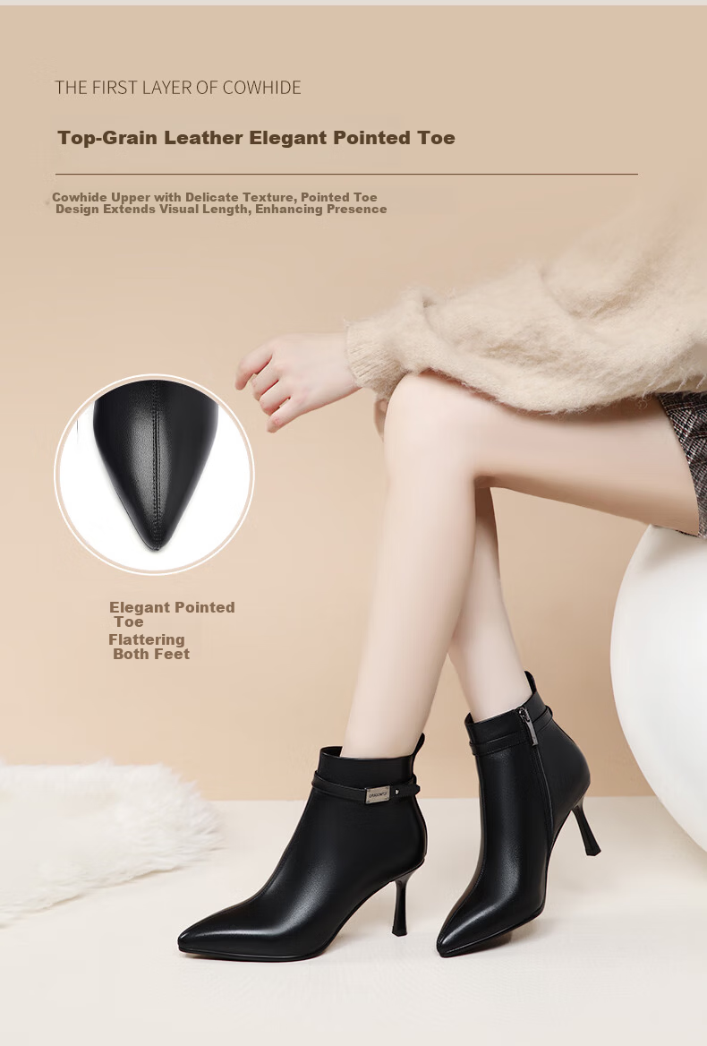 Red Dragonfly Women's Short Ankle Boots Pointed Toe High Heel Leather Autumn Winter Fleece Lined French Style Stiletto Ankle Boots WFC440961 Black Size 35 3
