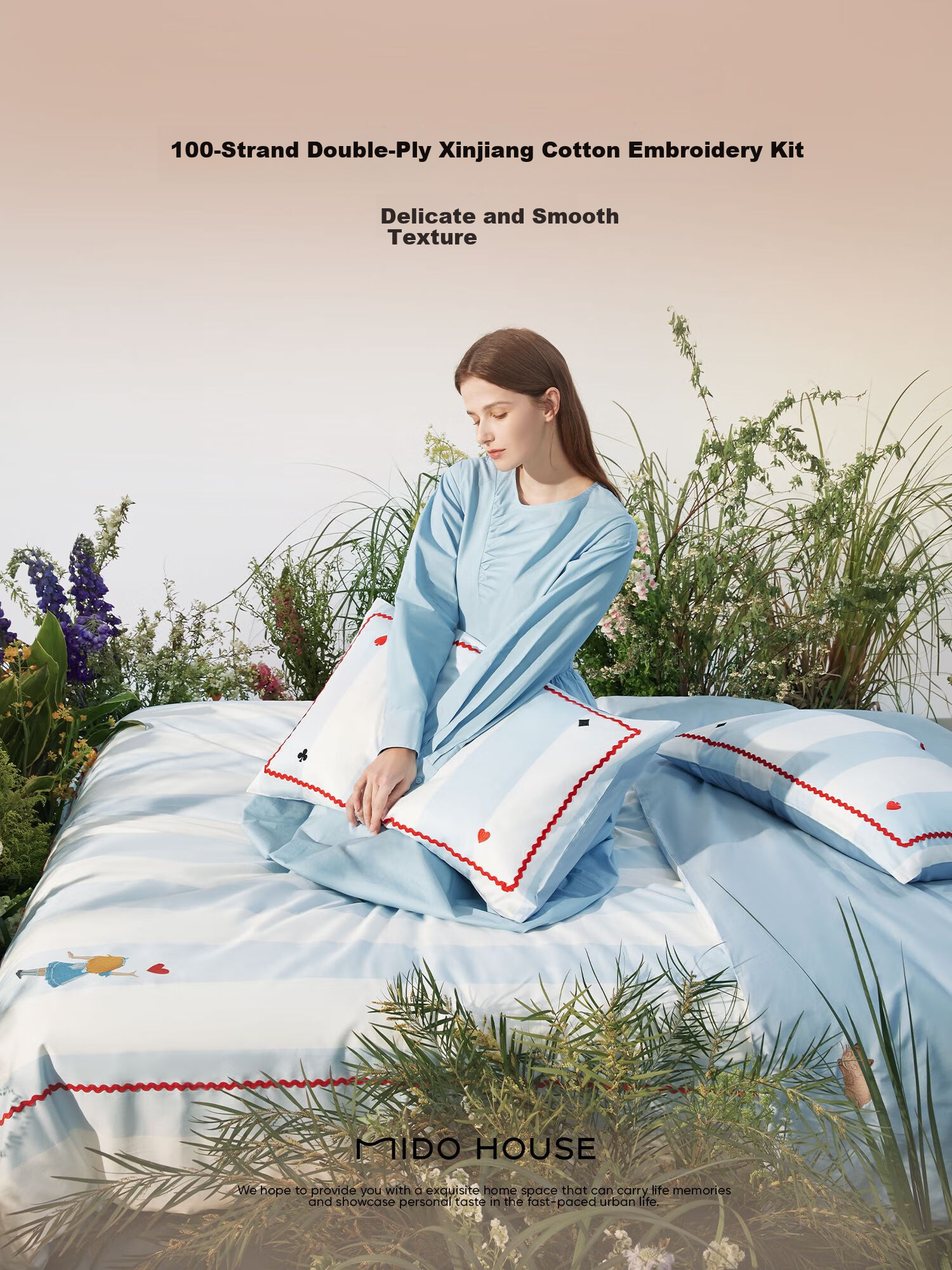 MIDO HOUSE Mingdu Bedding Set, 100 Thread Count Double-Ply Pure Cotton Floral Embroidery Bedsheet - Xuyi Feng Style Four-Piece Set for 1.8m Bed 1