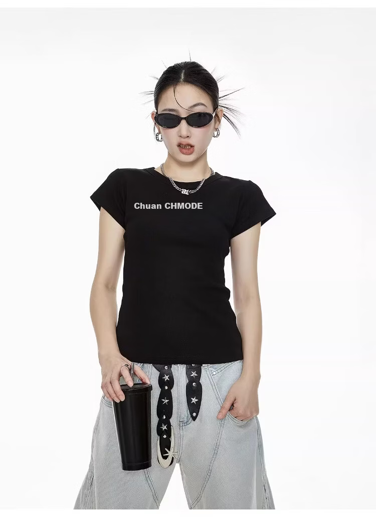 ICH MODE American Slim Fit Shoulder T-Shirt Women Summer New Short Crop Top Black L 11