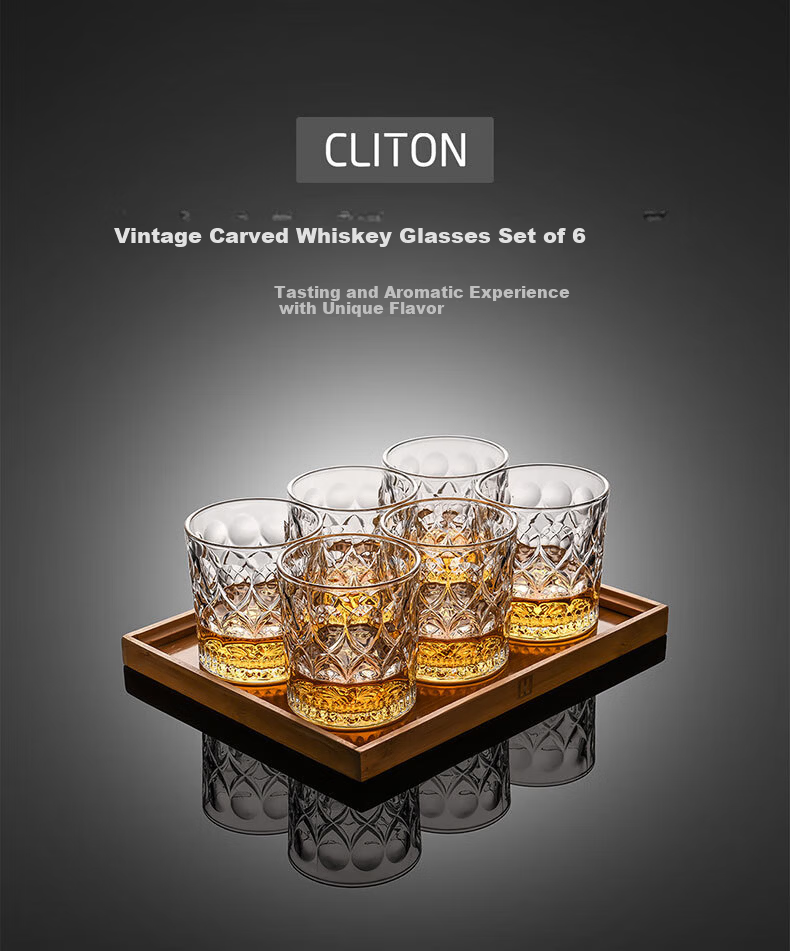 CLITON Thickened Vintage European Style Glass Whiskey Tumblers with Ice Flower Design, Set of 2 1