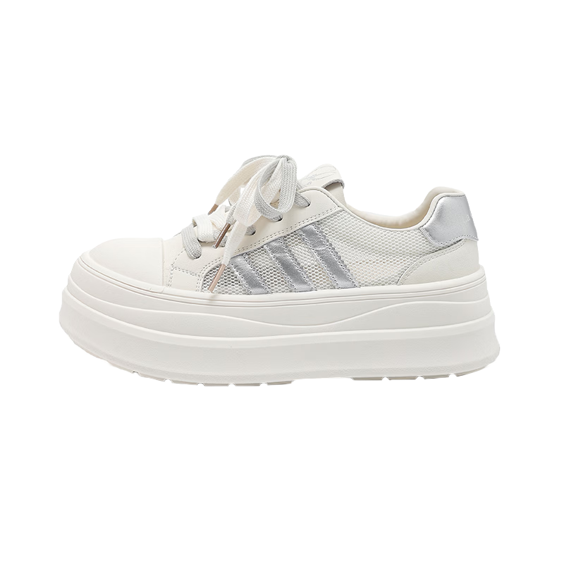La Chapelle Women's Sneakers 2026 Summer New Thick Sole Height Increasing Breathable Casual Sports White Shoes 732 Beige Silver Size 38