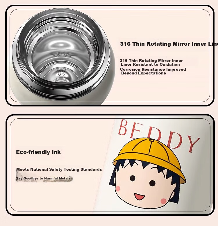 BEDDYBEAR Open Mouth Smile Dual Lid Kids Thermos Bottle with Straw 316 Stainless Steel Large Capacity Insulated Flask 600ML Kuromi 5