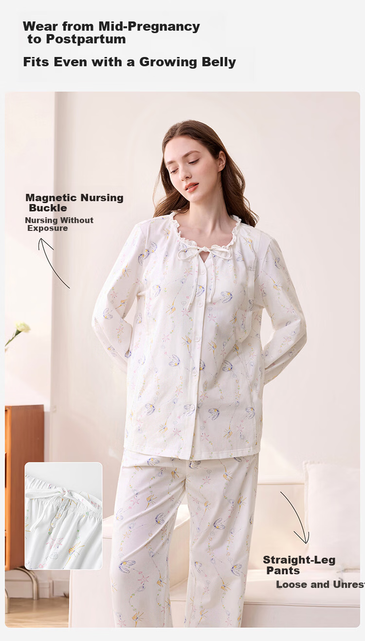 YEEHOO 26th Anniversary New Maternity Postpartum Pure Cotton Nursing Pajamas 10A Antibacterial with Built-in Chest Pads Ocean Pearl XL 13