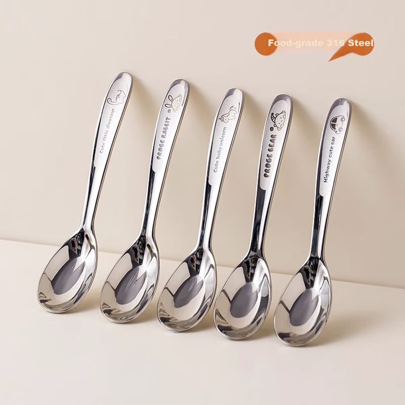 Onlycook Food Grade 316L Stainless Steel Fork and Spoon Set Children's Feeding Spoon Soup Spoon Baby Weaning Spoon Tiger Fork