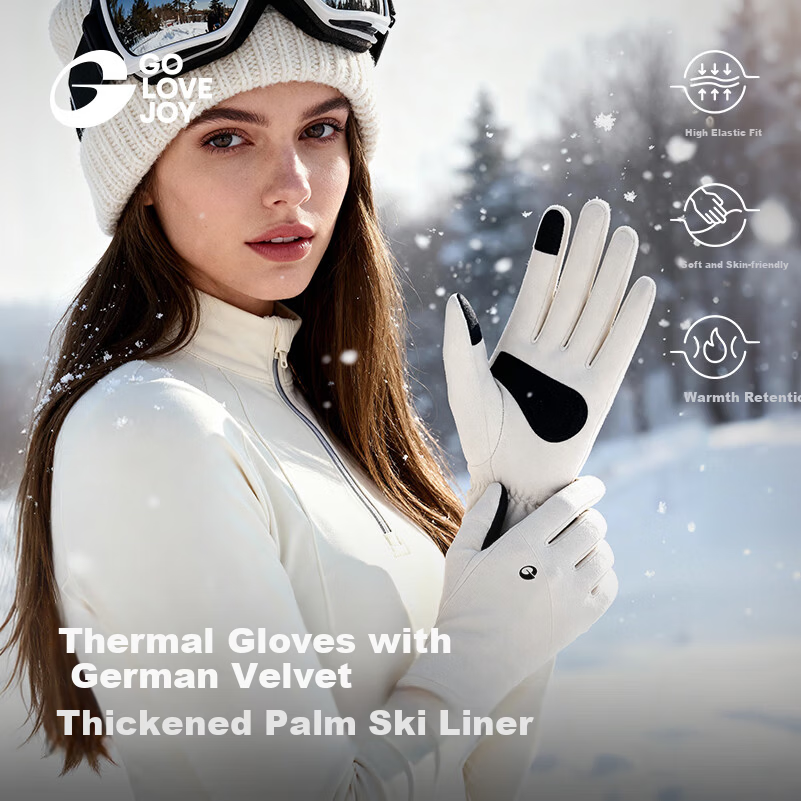GOLOVEJOY Women's Thermal Gloves Winter Windproof Cold-Resistant Ski Liner Outdoor Mountaineering Fleece Touchscreen Gloves Beige M