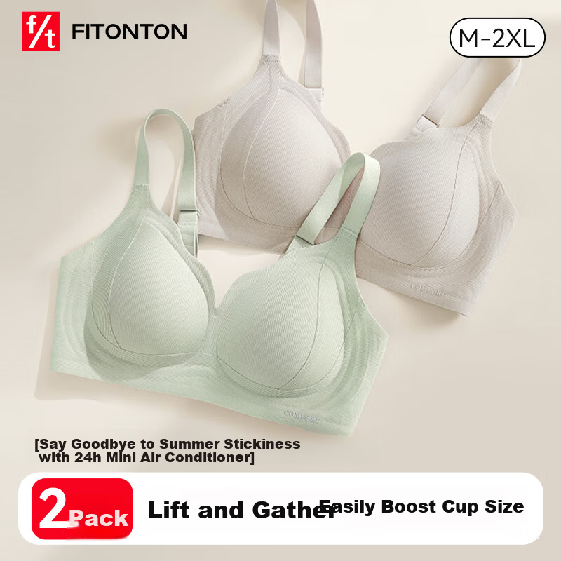FitonTon, 2-Piece Women's Underwear Set, Lift And Anti-Sagging Bra, Push-Up for Side Support, Ribbed Backless Seamless Thin Summer Brassiere