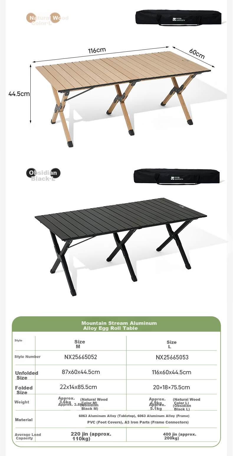 MOBIGARDEN Mountain Stream Aluminum Alloy Egg Roll Table Outdoor Camping Picnic Lightweight Folding Table NX25665052 Obsidian Black 18