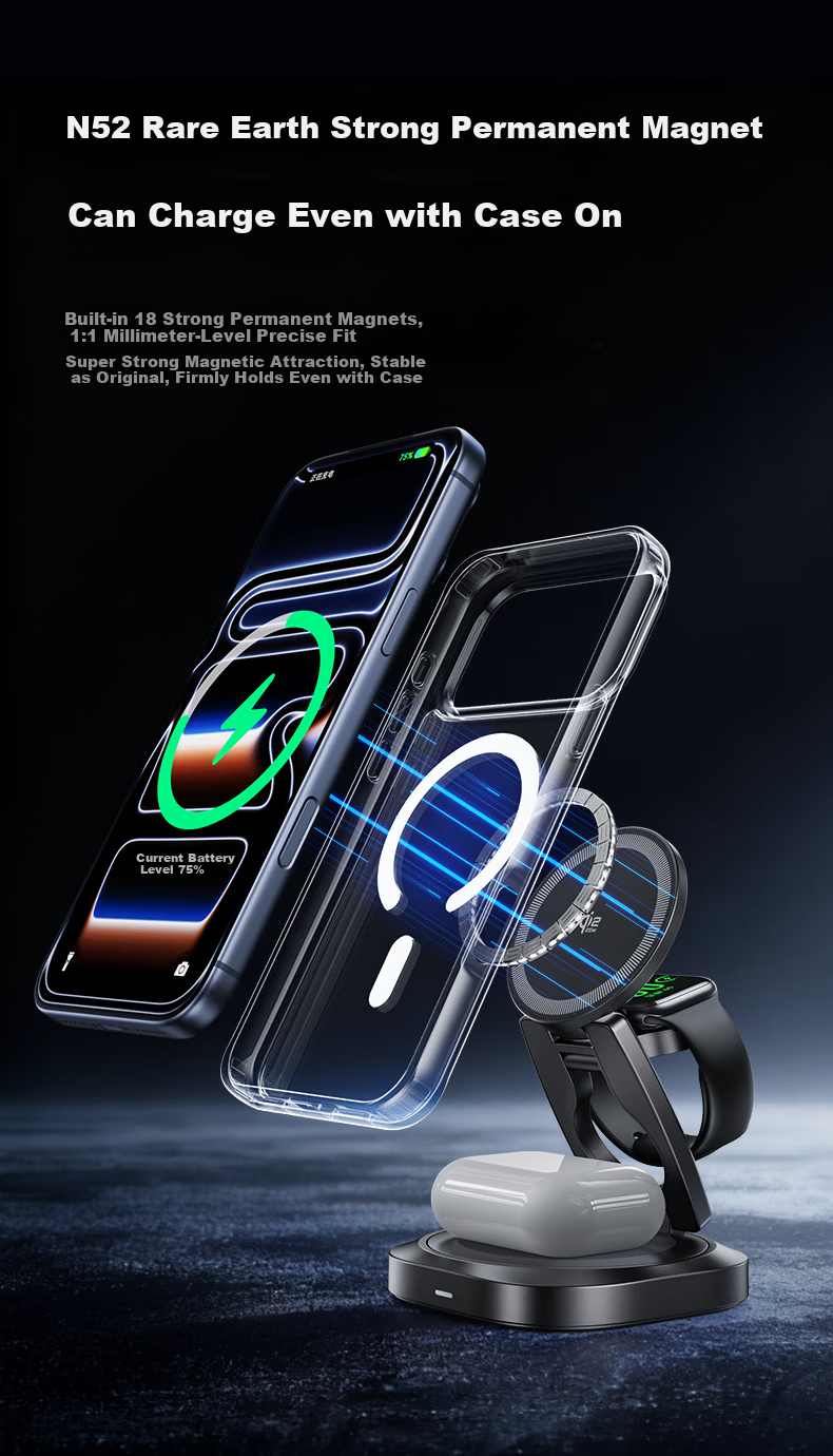 REMAX Qi2 Certified 35W 3-in-1 Wireless Charger Stand for Apple MagSafe iPhone 17/16 Pro iWatch Earbuds 8