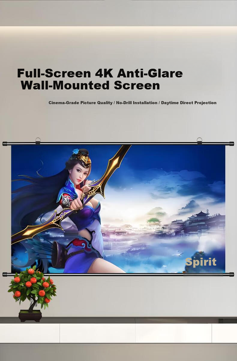 Ganyi No-Drill Wall-Mounted Projection Screen White Fiberglass C100 100-inch 16:9 Wide Viewing Angle 4K HD Side Projection Compatible with All Lumen Projectors 1