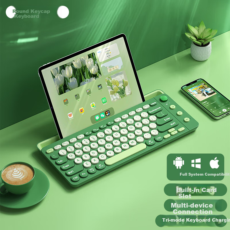 B.O.W Hangshi K650D Rechargeable Card Slot Stand iPad Tri-mode Wireless Bluetooth Keyboard Silent Compatible with Apple Huawei Xiaomi Tablet Phone Laptop Keyboard Cyan Green Indigo