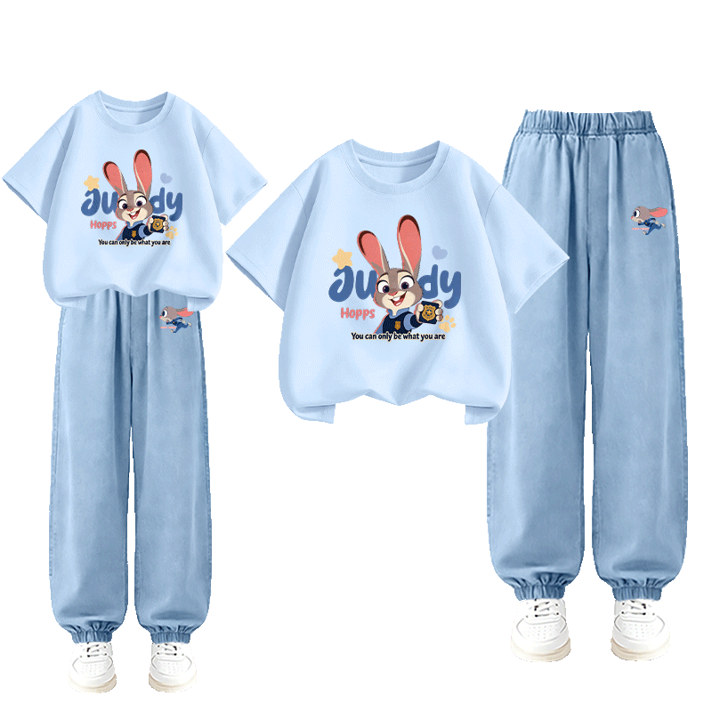 Disney Girls Summer Outfit Short Sleeve Tencel Jeans Judy Officer Blue + Bunny Running Light Blue 110