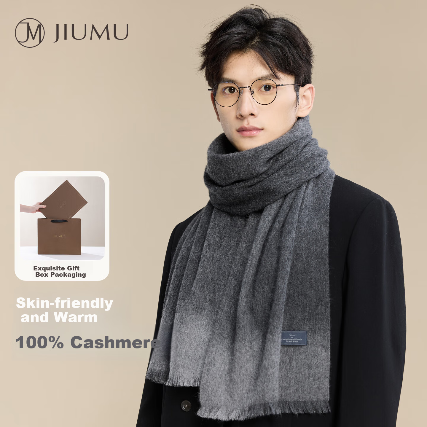 JIUMU Pure Wool Scarf for Men Autumn Winter Warm Neck Warmer Gift Box for Father's Day Birthday
