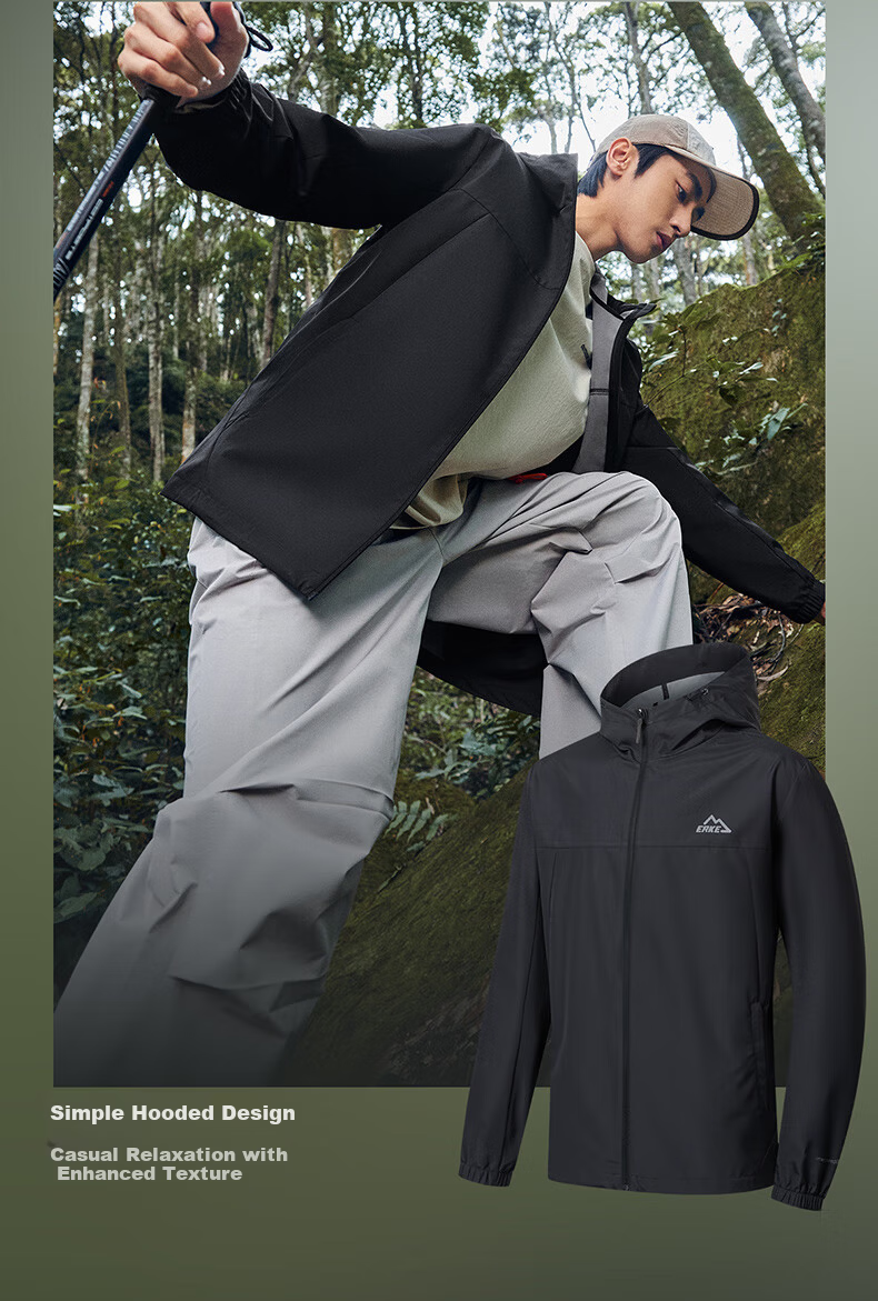 ERKE Men's Water-Repellent Hooded Sports Jacket 2026 New Breathable Outdoor Casual Windbreaker 11