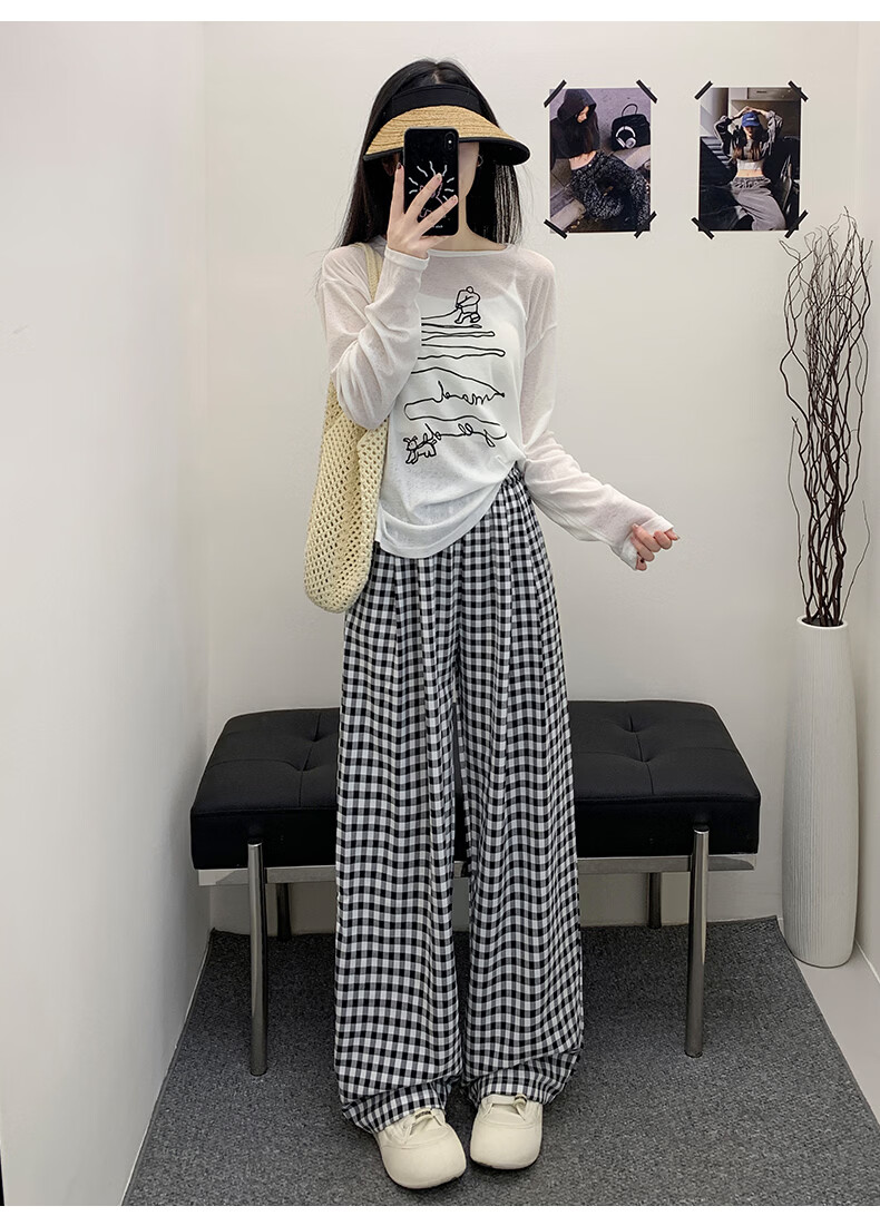 Borui Plaid Casual Pants for Women 2026 New Spring Summer Lightweight Loose Wide-Leg Pants Black XL 23