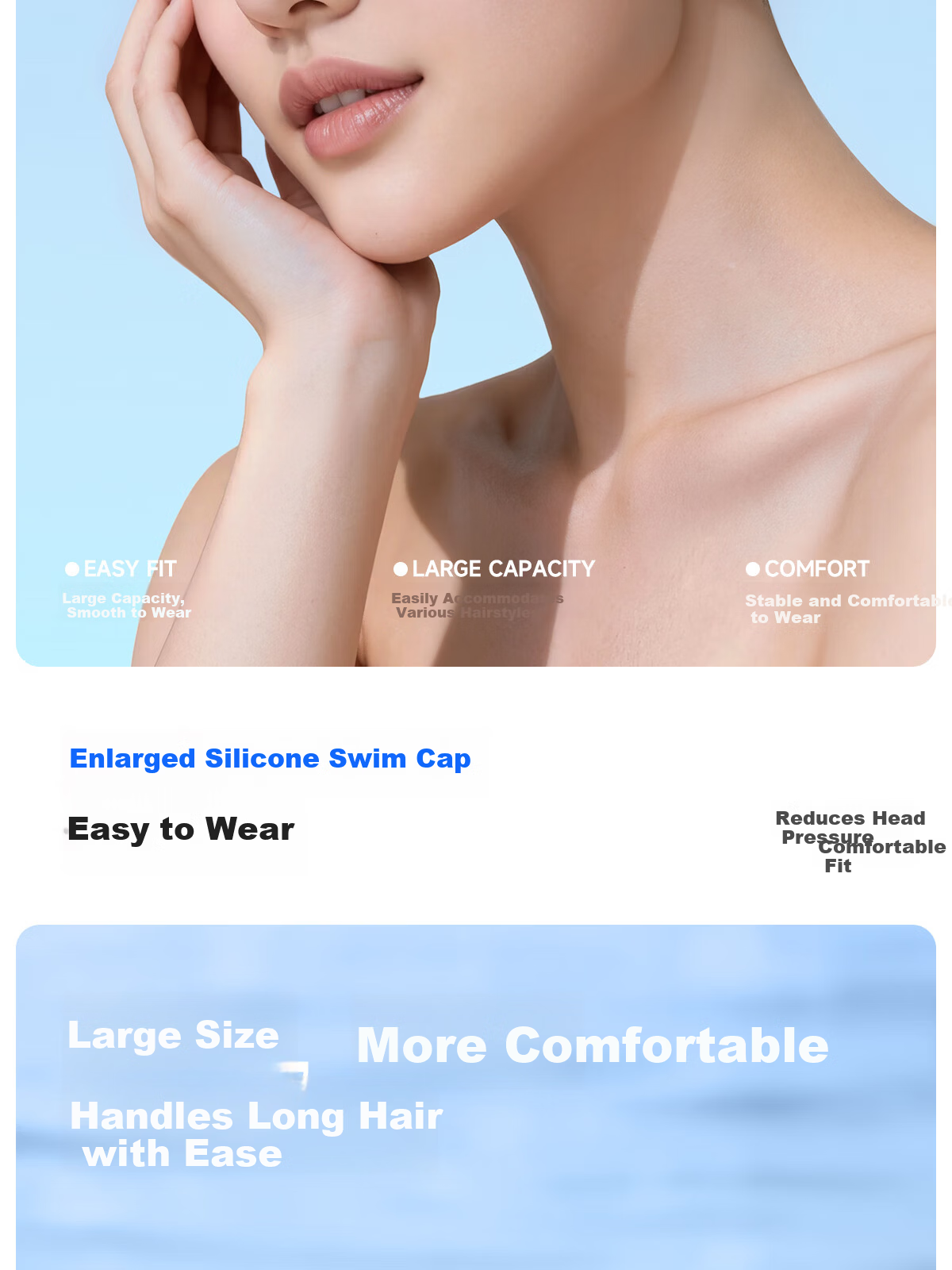 361° Women's Silicone Waterproof Printed Swimming Cap for Long Hair, Non-Tight, Ear Protection, Professional Large Size 2