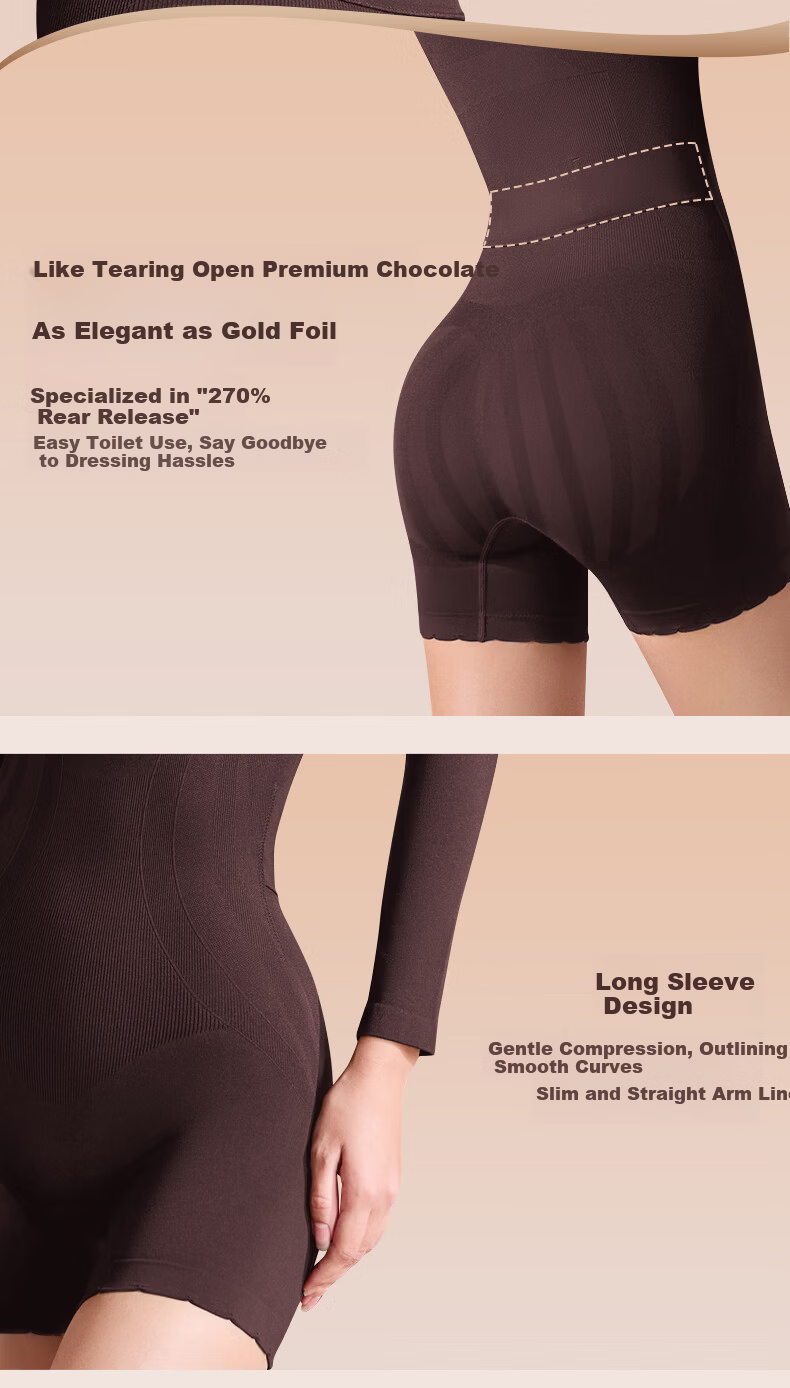 Curvilism [Victoria Song Style] Black Chocolate Long Sleeve Bodysuit Shapewear Tummy Control Hip Lift Nude Feel [Long Sleeve] M 13