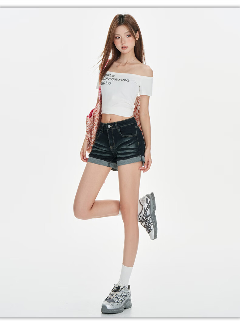 Jeanswest Women's Denim Shorts 2026 Vintage Washed American Style Loose Low Waist Rolled Hem Hot Pants Black M 6