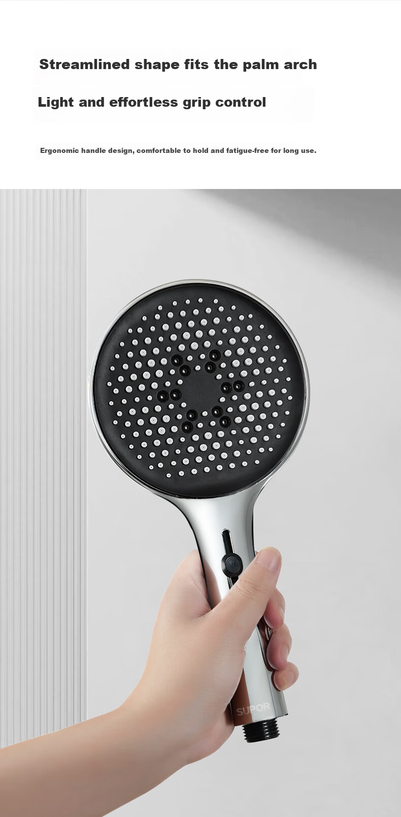 SUPOR Turbo Powerful Pressurized Handheld Shower Head Large Water Flow with Spray Gun Infinite Adjustment Silver S 13