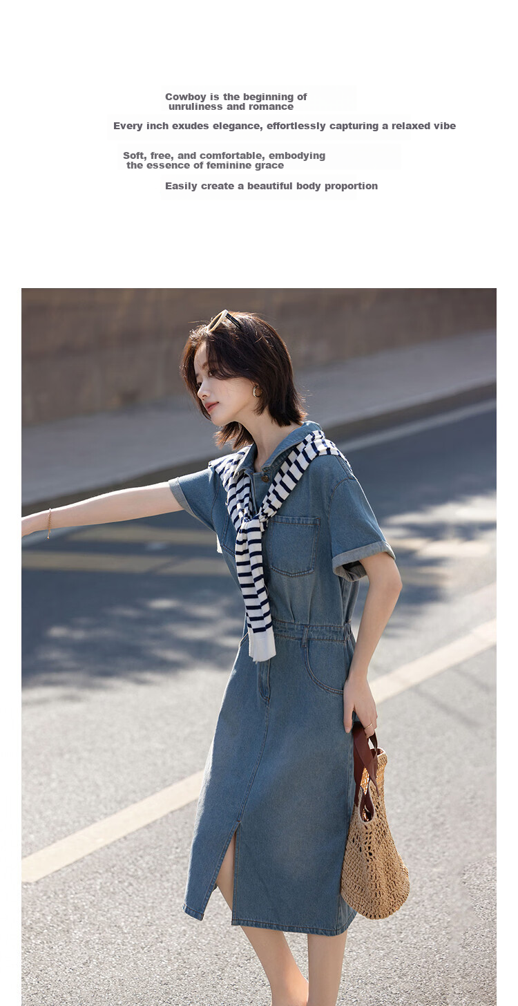 Demana Denim Cloud Oxygen Cotton Summer Simple Style Back Waist Elastic Pocket Folded Sleeve Slim Dress for Women Premium Feel 1