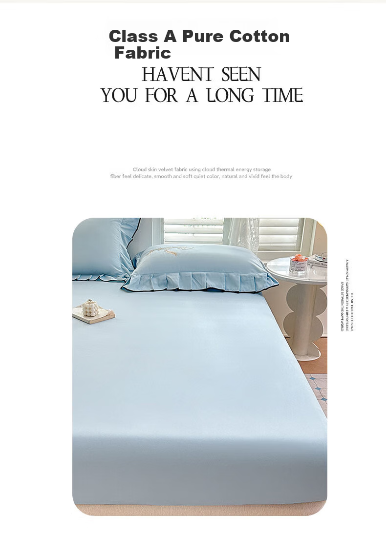 Grace A-Class 100% Cotton Washed Cotton 7A Antibacterial Breathable Fitted Sheet Mattress Cover 150*200cm Glacier Blue 5