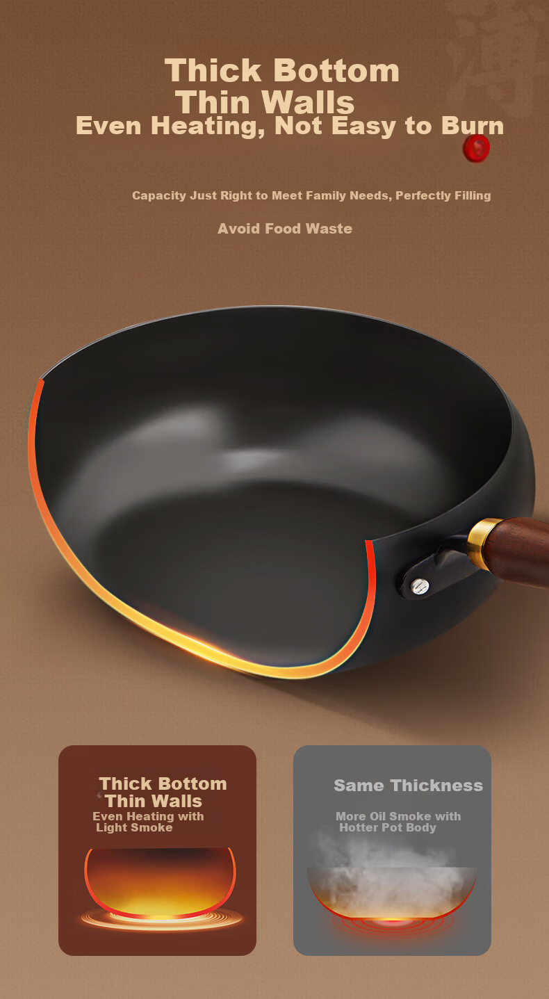 CHIGO Zhangqiu Large Belly Stir-Fry Pan Non-Coated Iron Wok Household Cooking Pan Stew Non-Stick Compatible with Induction Cooker and Gas Stove 28CM 6
