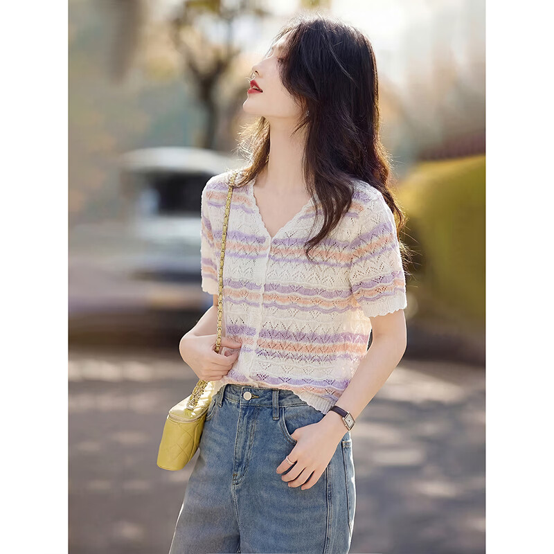 Awakening Paradise 26 Spring Summer Colorblock Versatile Petite Top Elegant Striped Short Sleeve Knit Cardigan Purple One Size