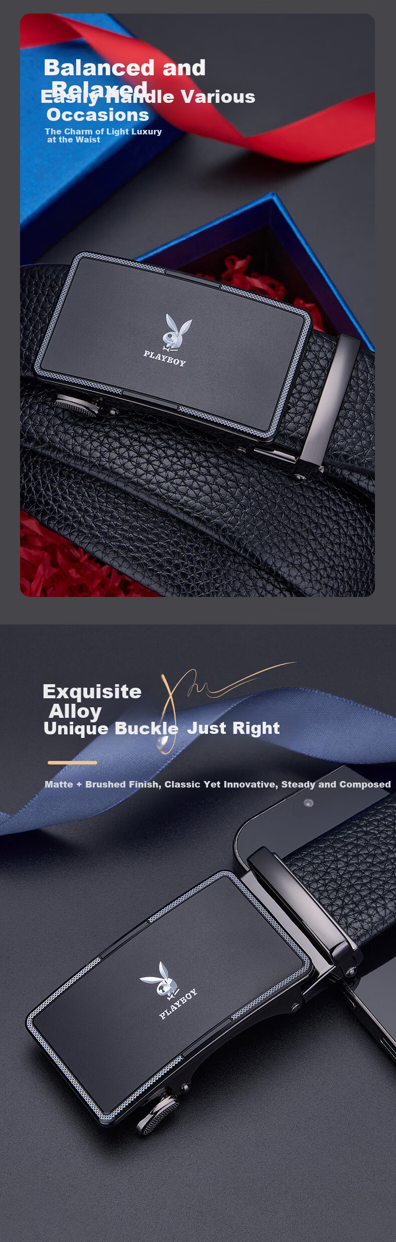 PLAYBOY Men's Genuine Leather Belt Cowhide Automatic Buckle Casual Waistband Business Versatile Gift for Boyfriend Husband 3