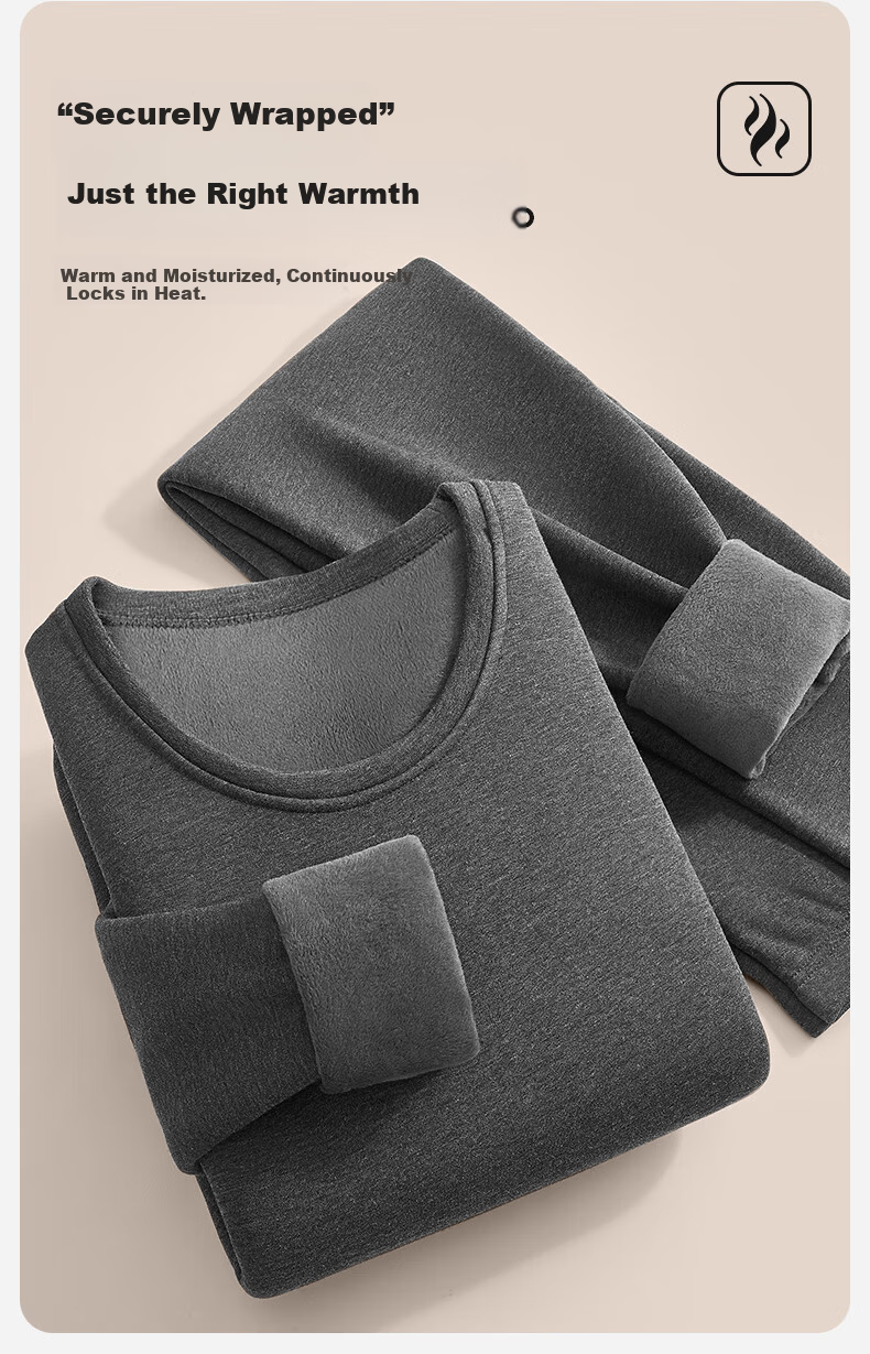 PLAYBOY Thermal Underwear for Men, Fleece-Lined And Thickened, Men's Warm Underwear, Autumn And Winter Top And Bottom, Round Neck 10