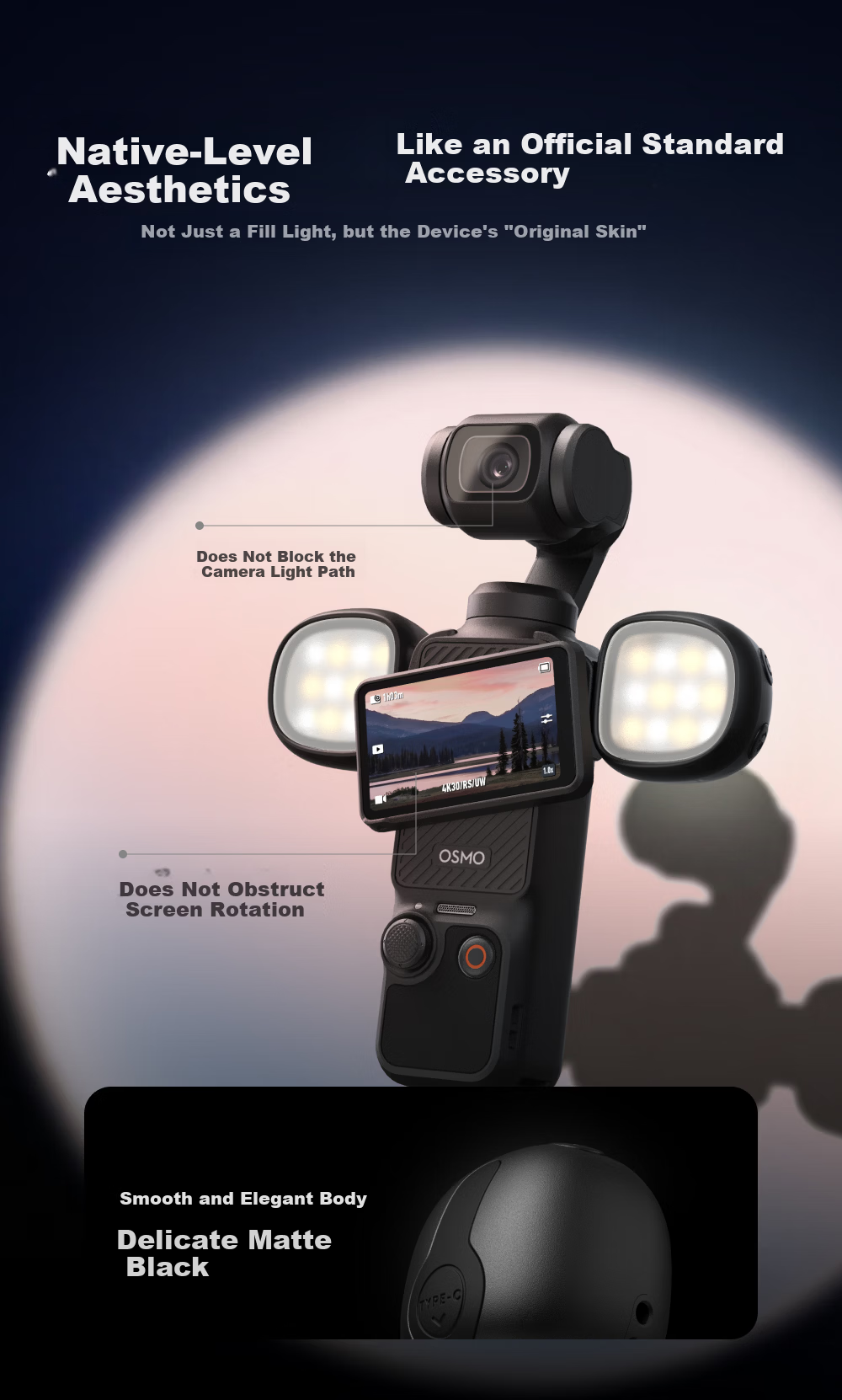 TELESIN Compatible Mini Fill Light for DJI Pocket 4P/4/3, Magnetic Portable Quick-Release Fill Light for Vlog Shooting, Action Camera Accessory Mini Fill Light 3
