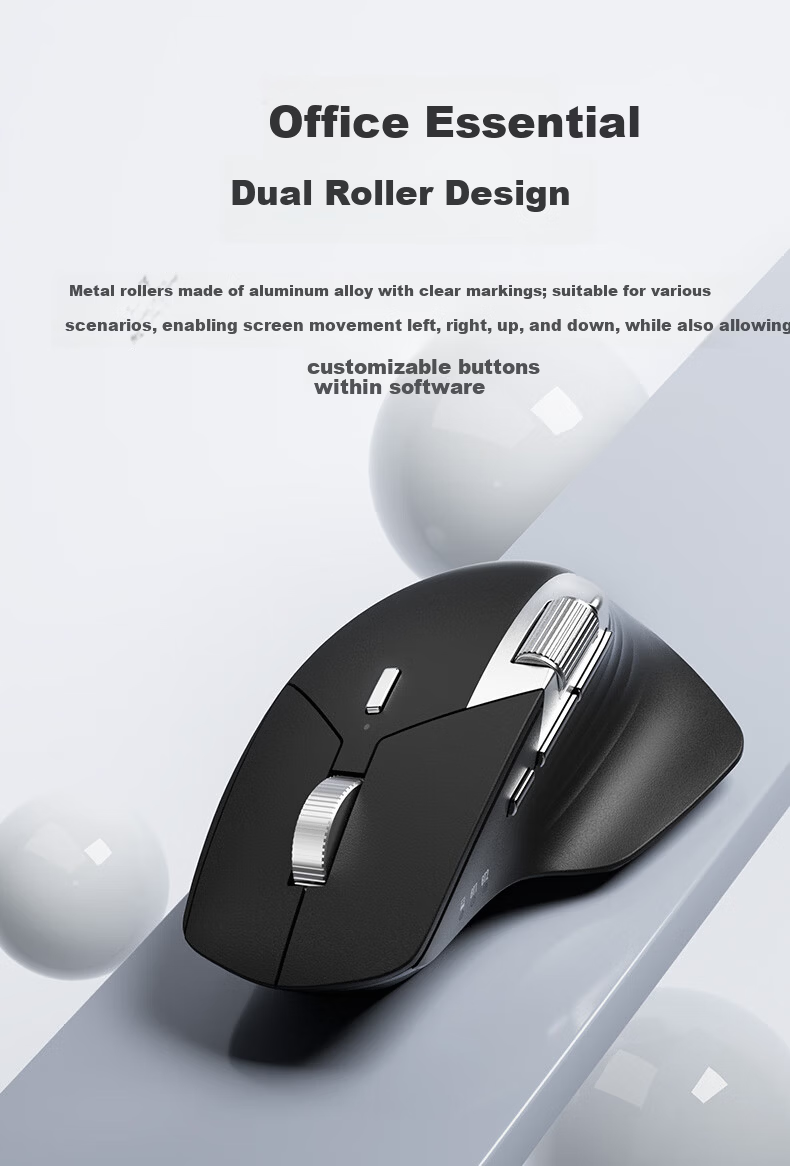 B.O.W Hangshi MD290L MAX Tri-Mode Wired Wireless Bluetooth Charging Mouse Laptop Office Ergonomic Silent Side Dual Scroll Wheel Mouse Silver Black 3