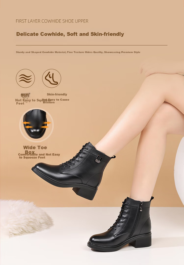 Red Dragonfly Women's Martin Boots Winter Cowhide Cotton Shoes Versatile Fleece Warm High-top Ankle Boots WTC456941C Black Size 35 4