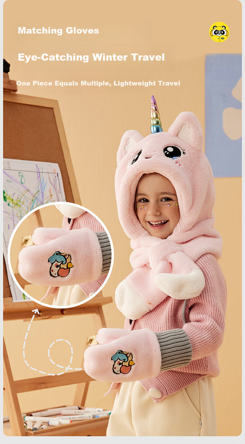 Mumeng Kids Autumn Winter Hat and Scarf Set Fleece Thickened Warm Hat Pink Unicorn for Older Children 14