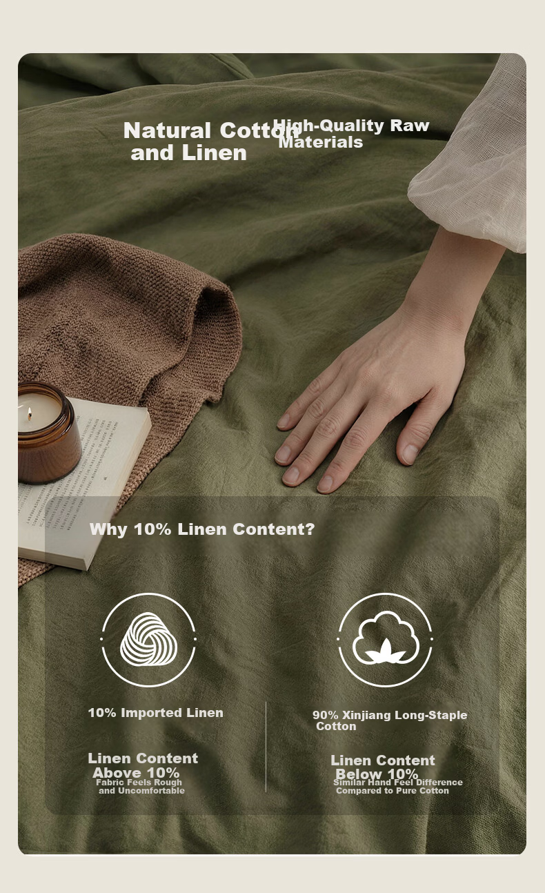 MUJI × JDear JD.com Collaboration Ma Shang Series Natural Cotton Linen Four-Piece Set Class A Antibacterial Sheet Quilt Cover 220*240cm 1.8m Bed Matcha Green 3