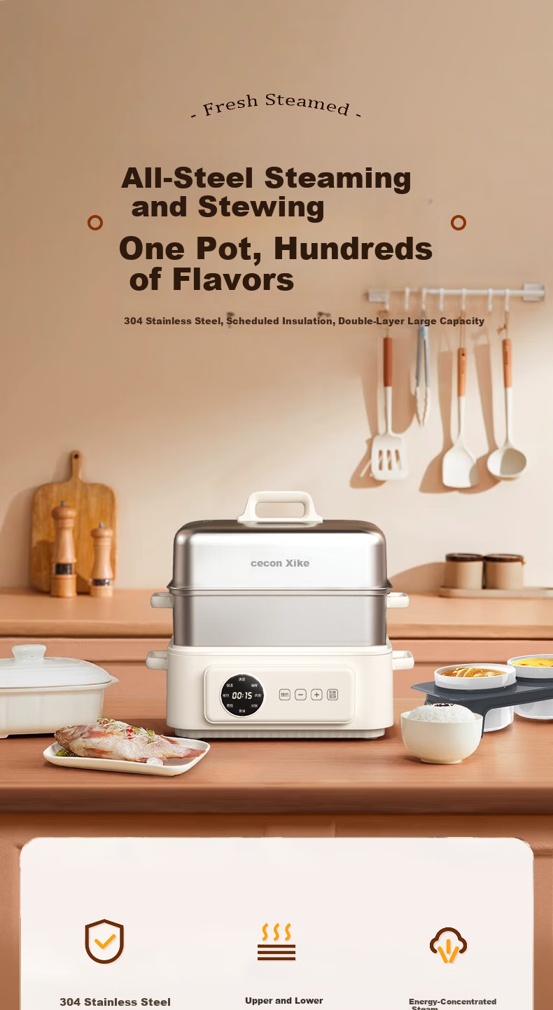 Xike Egg Steamer Multi-Function Electric Steamer Automatic Power-Off Small Stainless Steel Double-Layer Breakfast Egg Cooker JPZDQ806 1
