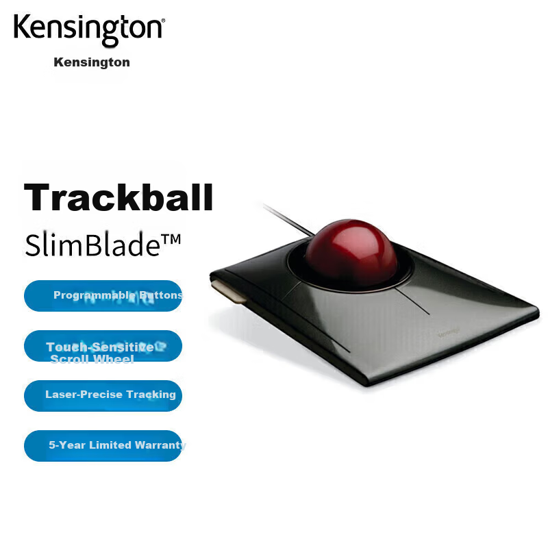Kensington Ergonomic Wired Laser Trackball Mouse Flat Trackball (Virtual Scroll Wheel) Ambidextrous Design Drawing Mouse for Home Office K72327