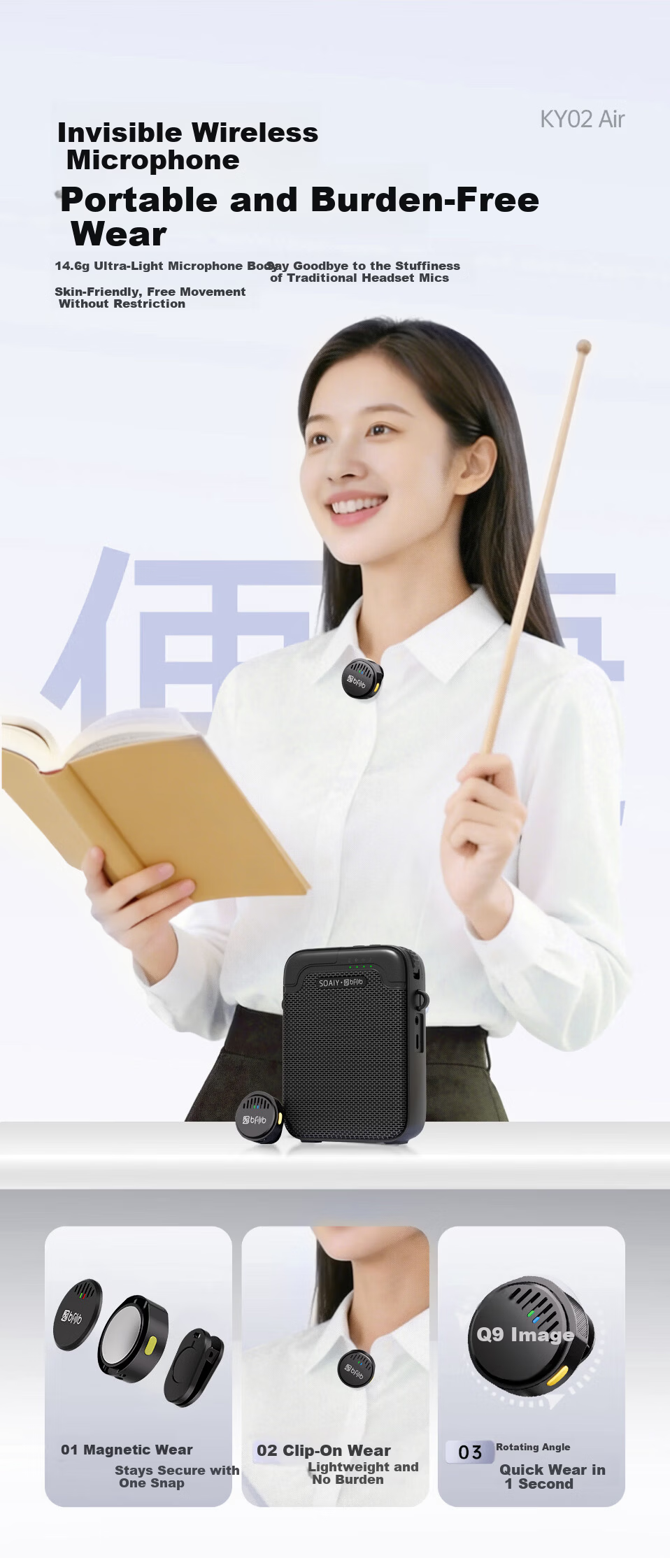 Soaiy KY02AIR Portable Amplifier for Teachers, Anti-Howling Wireless Lapel Microphone, Tour Guide Outdoor Explanation Portable Bluetooth Speaker, Gift for Girls on May 20th, Black 3