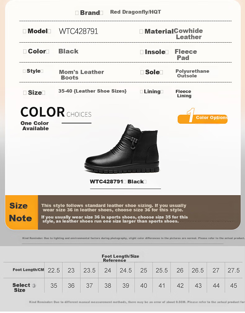 RED DRAGONFLY Women's Short Boots with Fleece Lining, Warm Snow Boots, Middle-Aged And Elderly Cotton Leather Shoes, Flat Cowhide Cotton Shoes WTC428791 Black Size 36 5