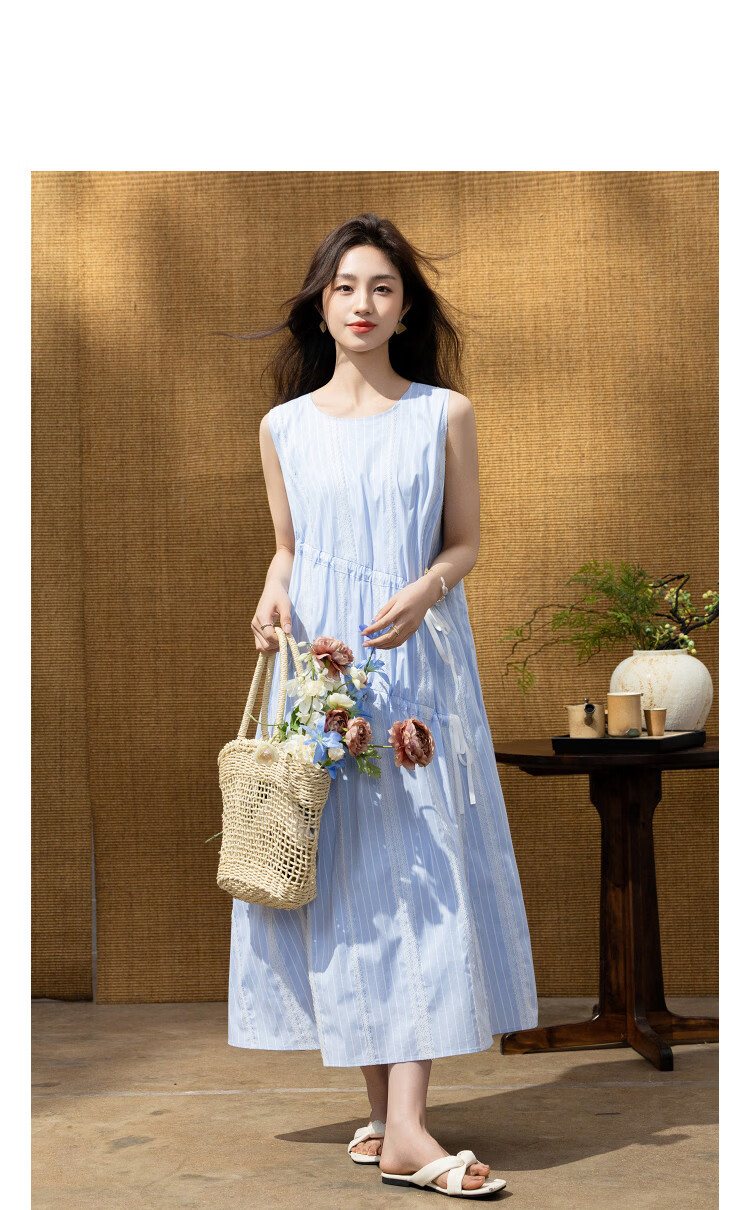 Demana [Cloud Oxygen Cotton] Summer Sweet Girl Striped Embroidered Drawstring Loose Slim Dress Women High-End Feel 11