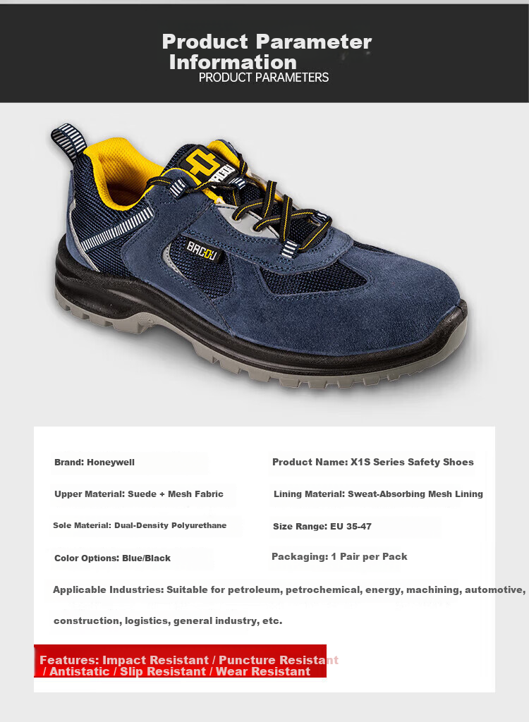 Honeywell Labor Protection Shoes Anti-Static Anti-Smash Anti-Puncture Safety Shoes Bagu SHX1S23502 Series Blue Size 37 Single Pair 11