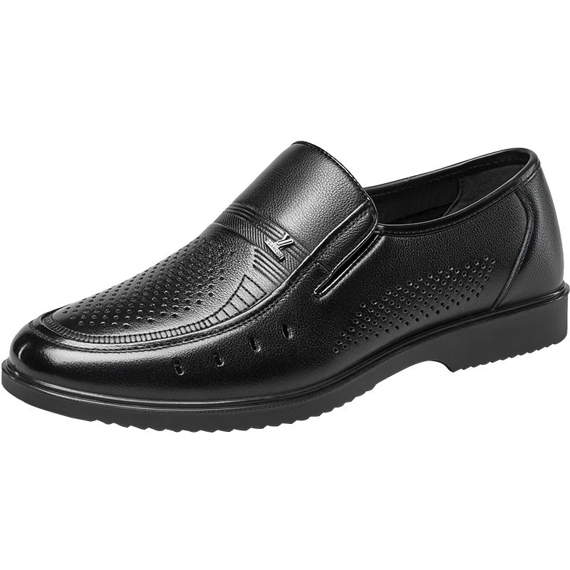 Eierkang Men's Summer Genuine Leather Breathable Middle-aged and Elderly Dad Casual Slip-on Leather Sandals 97848W Black Size 43
