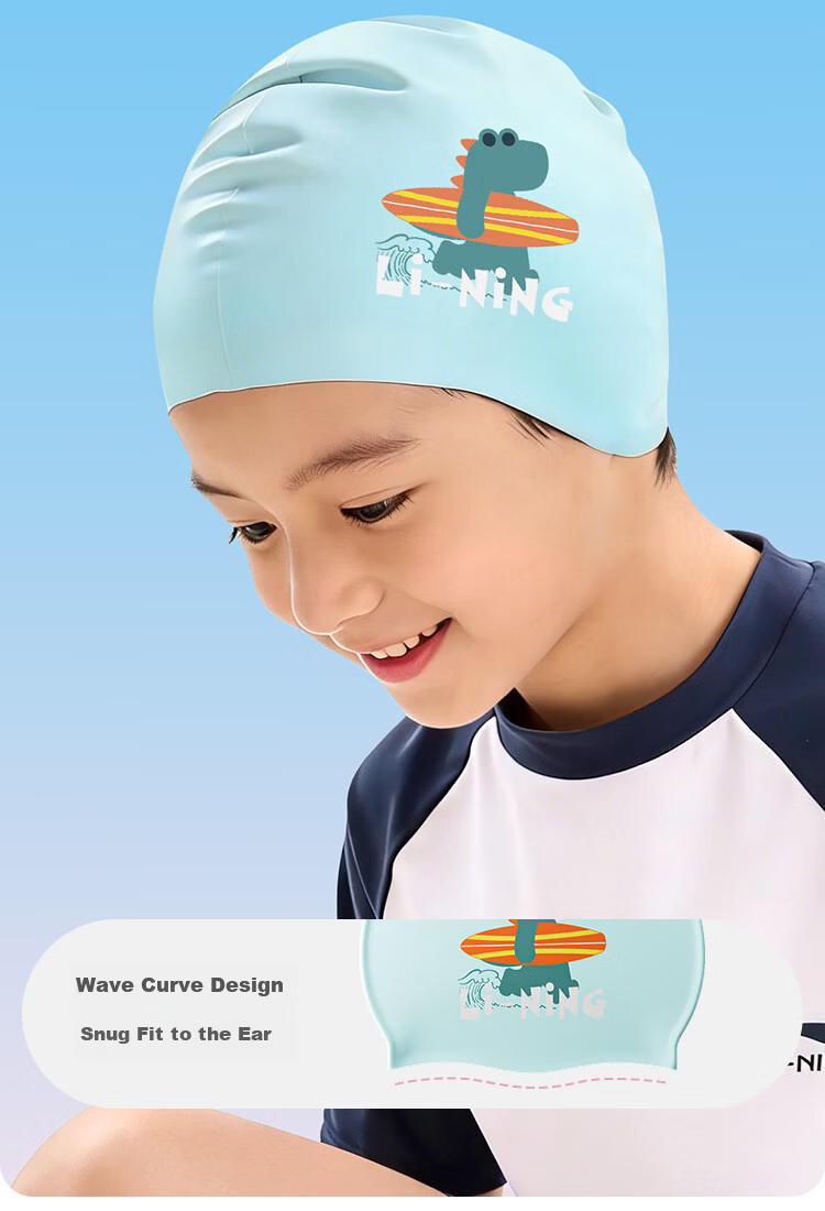 LI-NING Kids Swim Cap Girls Comfortable Non-Tight Cute Cartoon Silicone Ear Protection Waterproof Swimming Cap 5781 Pink 12