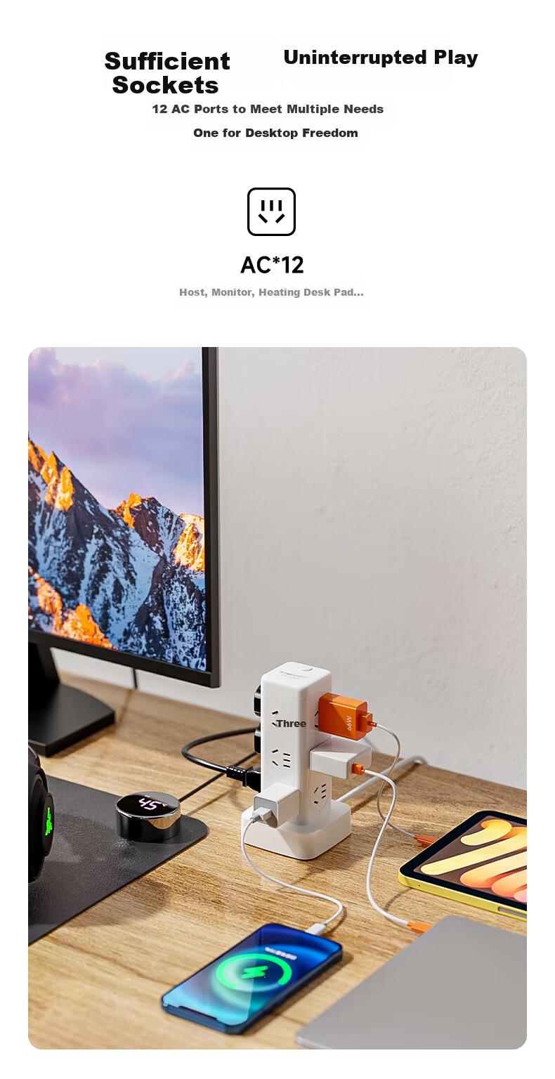 Lengon Magic Cube USB Vertical Power Strip, Master Control with 12 Outlets, 2.9 Meters, Overload Protection, Type-C Power Strip/Extension Cord/Power Board/Line Cord U1012U-2.9 White 3