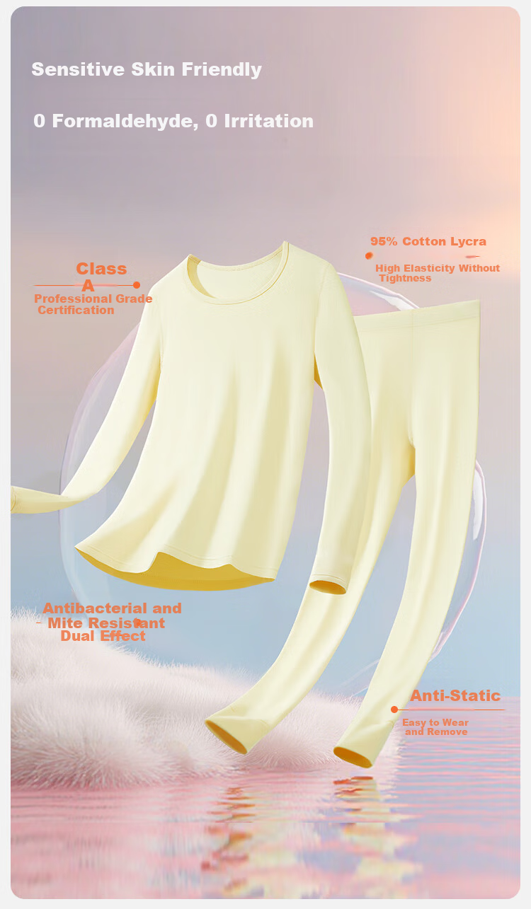 MiiOW 95% Cloud Cotton Antibacterial Women's Autumn Thermal Underwear Set Round Neck Warm Innerwear Light Yellow 2XL 5